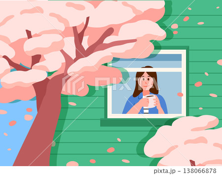 Woman drinking coffee by window with cherry blossoms 138066878
