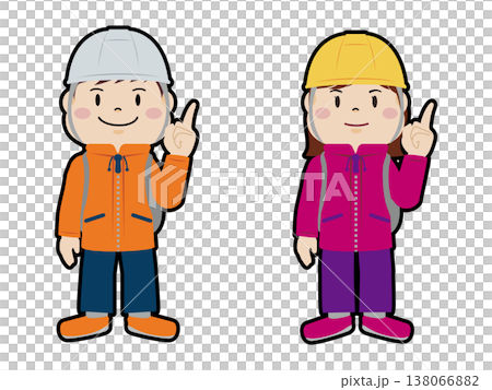 防災対策を呼びかけるヘルメット姿の男女イラストセット 138066882