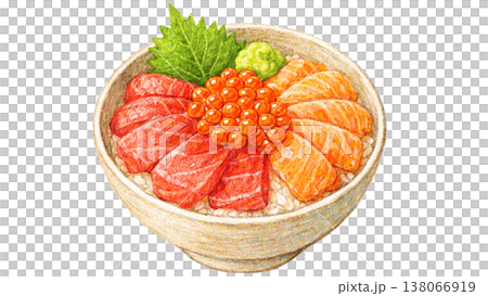什錦海鮮飯，主要食材為鮭魚籽，蠟筆畫風格，日式食材 138066919