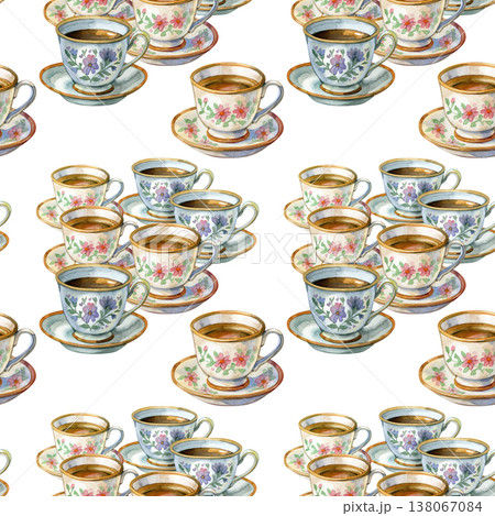 Charming watercolor illustration featuring a collection of elegant vintage teacups and saucers. Each cup is adorned with delicate floral patterns in pink and purple hues, filled with warm tea. Charming watercolor illustration featuring a collection of elegant vintage teacups and saucers. Each cup is adorned with delicate floral patterns in pink and purple hues, filled with warm tea. 138067084