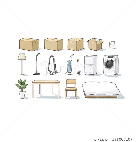 新生活と引っ越し準備のアイテムを並べた白背景のイラストセット 138067107