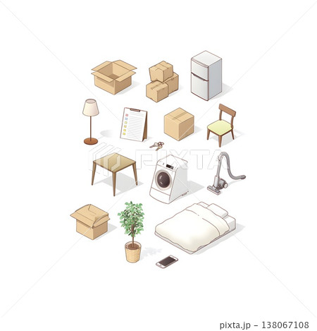 新生活と引っ越し準備のアイテムを並べた白背景のイラストセット 138067108