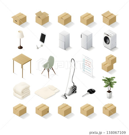 新生活と引っ越し準備のアイテムを並べた白背景のイラストセット 138067109