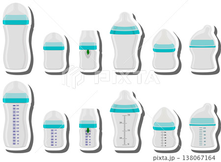 big colored set of baby milk in bottle with soft rubber pacifier 138067164