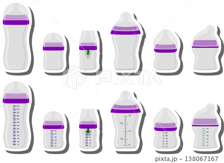 big colored set of baby milk in bottle with soft rubber pacifier 138067167