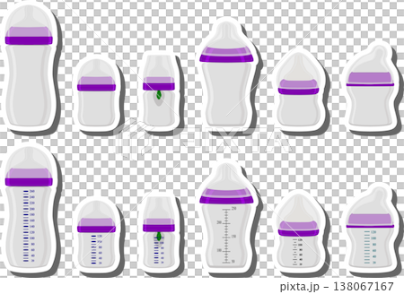 big colored set of baby milk in bottle with soft rubber pacifier 138067167