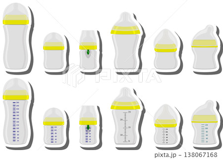 big colored set of baby milk in bottle with soft rubber pacifier 138067168