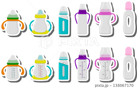 big colored set of baby milk in bottle with soft rubber pacifier 138067170