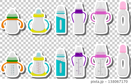 big colored set of baby milk in bottle with soft rubber pacifier 138067170