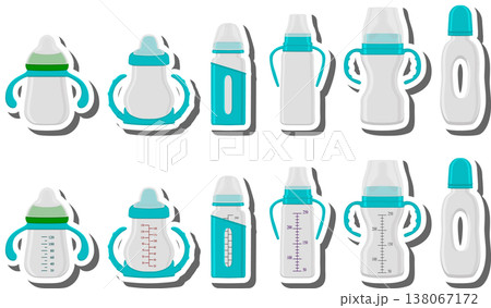 big colored set of baby milk in bottle with soft rubber pacifier big colored set of baby milk in bottle with soft rubber pacifier 138067172