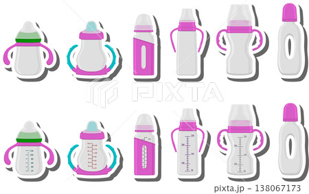 big colored set of baby milk in bottle with soft rubber pacifier big colored set of baby milk in bottle with soft rubber pacifier 138067173
