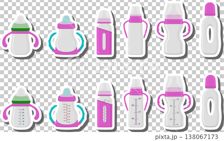 big colored set of baby milk in bottle with soft rubber pacifier big colored set of baby milk in bottle with soft rubber pacifier 138067173