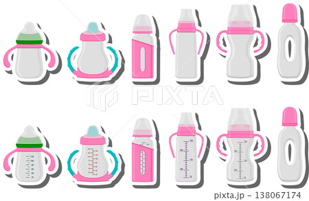 big colored set of baby milk in bottle with soft rubber pacifier 138067174