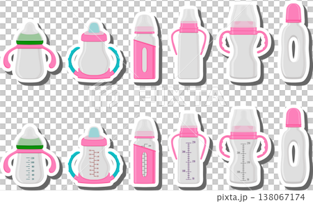 big colored set of baby milk in bottle with soft rubber pacifier 138067174