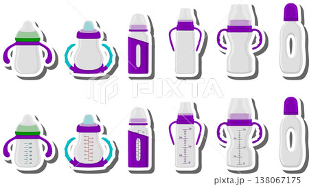 big colored set of baby milk in bottle with soft rubber pacifier 138067175