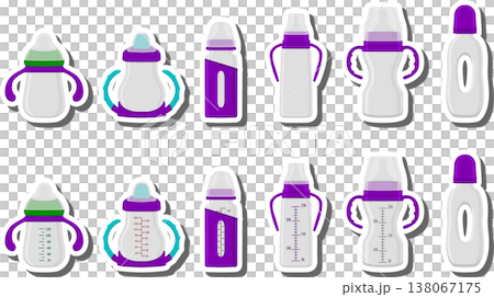 big colored set of baby milk in bottle with soft rubber pacifier 138067175