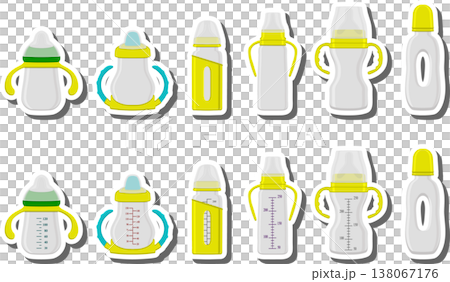 big colored set of baby milk in bottle with soft rubber pacifier 138067176