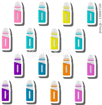 big colored set of baby milk in bottle with soft rubber pacifier 138067180