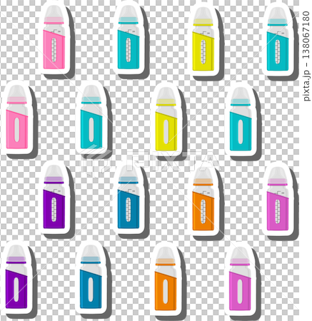big colored set of baby milk in bottle with soft rubber pacifier 138067180