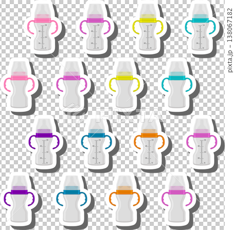 big colored set of baby milk in bottle with soft rubber pacifier 138067182
