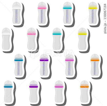 big colored set of baby milk in bottle with soft rubber pacifier 138067184