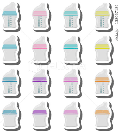 big colored set of baby milk in bottle with soft rubber pacifier 138067189