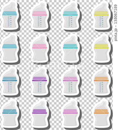 big colored set of baby milk in bottle with soft rubber pacifier 138067189