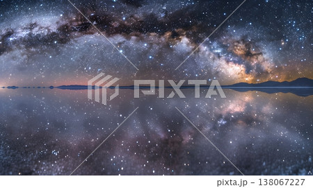 天空と星を映すウユニ塩湖の幻想的ミラー夜景 天空と星を映すウユニ塩湖の幻想的ミラー夜景 138067227