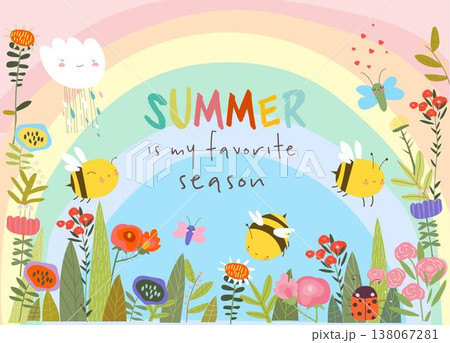 Cute Cartoon Frame with Summer Flowers, Plants and Bees 138067281