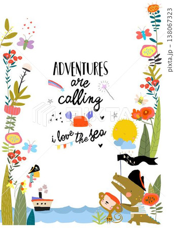 Cartoon Card with Cute Animals celebrating Pirate Party Cartoon Card with Cute Animals celebrating Pirate Party 138067323