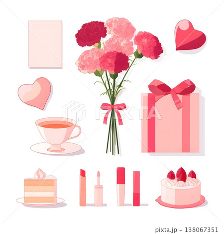母の日のプレゼントとカーネーションの白背景イラストセット 138067351
