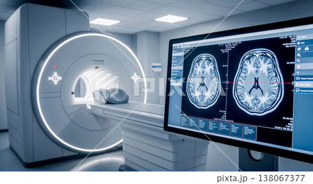 Modern hospital radiology room with MRI scanner and brain imaging displayed on a professional monitor. 138067377