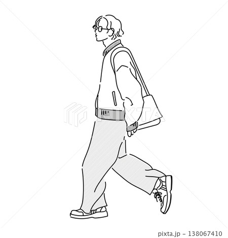 東京ファッションスナップ 春 メンズカジュアルコーデ 男性の線画イラスト 138067410