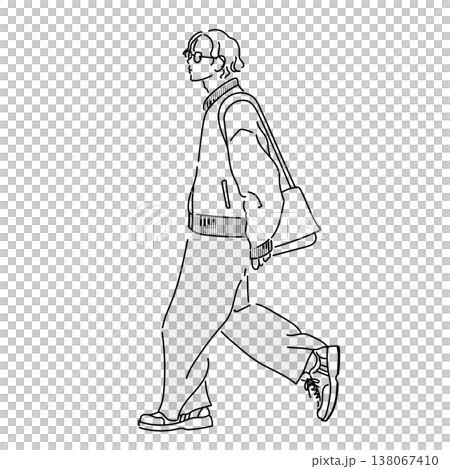 東京ファッションスナップ 春 メンズカジュアルコーデ 男性の線画イラスト 138067410
