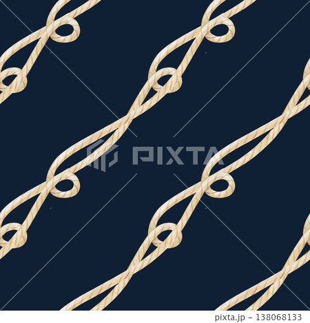 Seamless pattern of intertwined beige ropes with loops. Watercolor illustration of natural-colored twine on a dark background. Realistic diagonal template for marine themes, fishing and hobbies. 138068133