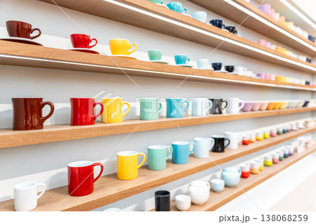 Colorful Ceramic Coffee Cups including red, yellow, green, cyan, black and white Displayed on Wooden Shelves in Store. 138068259