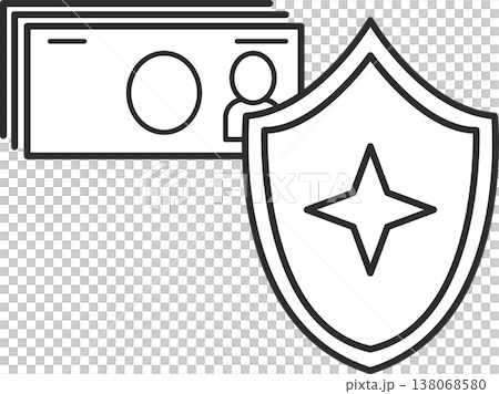 An illustration of a security guard protecting cash with a shield (line drawing only). 138068580