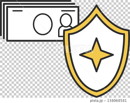An illustration of a security guard protecting cash with a shield. 138068581