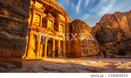 朝日に輝くペトラ遺跡エル・ハズネの神秘的な静寂 138068659