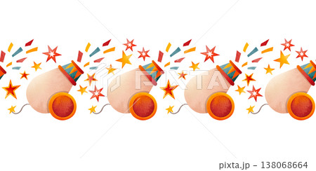 Seamless border with circus props. Design with festive decorations. Illustration of a carnival pattern with confetti cannons for children's party invitations or greeting cards. Festival banner. 138068664
