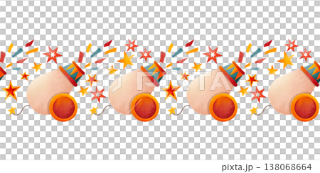 Seamless border with circus props. Design with festive decorations. Illustration of a carnival pattern with confetti cannons for children's party invitations or greeting cards. Festival banner. 138068664