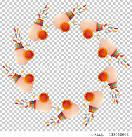 Round frame with circus props. Design with festive decorations. Illustration of a carnival drawing with a confetti cannon for children's invitations and greeting cards. 138068668