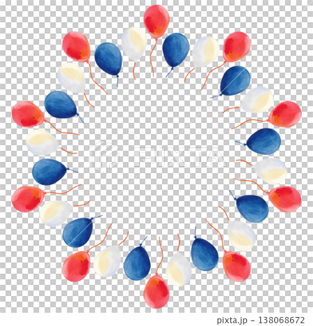 Festive round frame with blue, red and white balloons, hand painted with watercolors 138068672