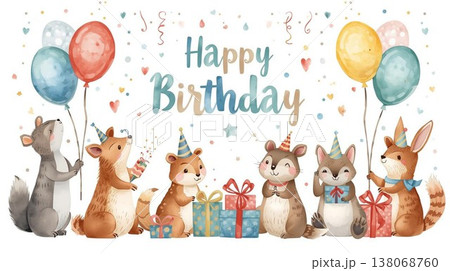 可愛い動物とプレゼントの誕生日イラスト 138068760