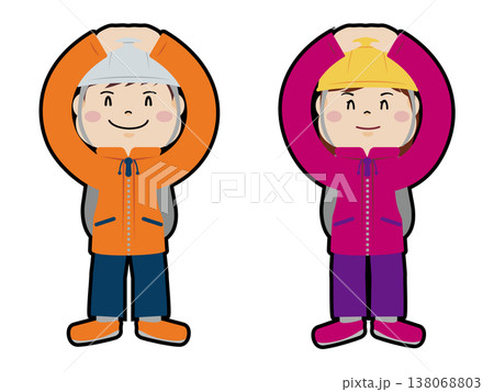 防災ヘルメットを被りマル印・正解を出す男女のイラスト 防災ヘルメットを被りマル印・正解を出す男女のイラスト 138068803