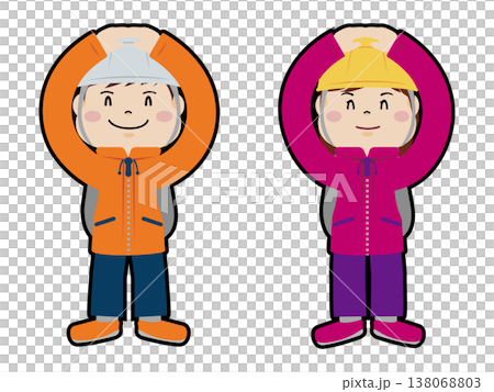防災ヘルメットを被りマル印・正解を出す男女のイラスト 防災ヘルメットを被りマル印・正解を出す男女のイラスト 138068803