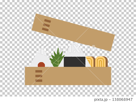 一個日式便當盒,內含彎木飯盒和飯糰;一個可以看到內容物的日式便當盒;簡潔的平面插圖。 一個日式便當盒,內含彎木飯盒和飯糰;一個可以看到內容物的日式便當盒;簡潔的平面插圖。 138068947