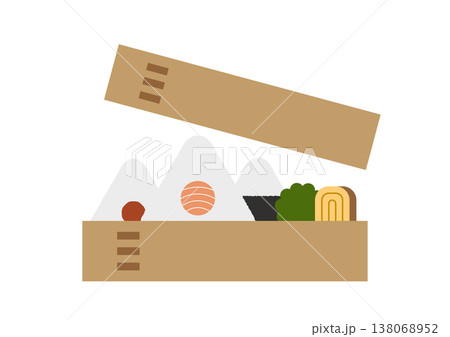 曲げわっぱ弁当のおにぎりランチ 鮭と梅干しの和食弁当 中身が見えるフラットイラスト 138068952