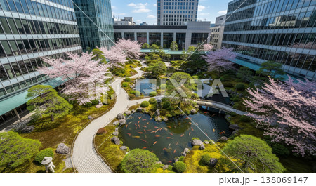 ビルの谷間の桜と日本庭園 138069147