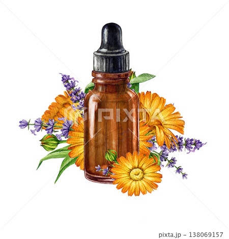 Amber dropper bottle with calendula and lavender flowers isolated on white. Hand drawn botanical watercolor illustration for aromatherapy, essential oils, herbal medicine, natural cosmetics Amber dropper bottle with calendula and lavender flowers isolated on white. Hand drawn botanical watercolor illustration for aromatherapy, essential oils, herbal medicine, natural cosmetics 138069157